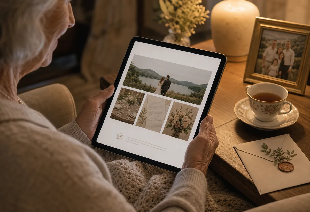 Personne absente au mariage consultant un coffret mémoire privé sur tablette
