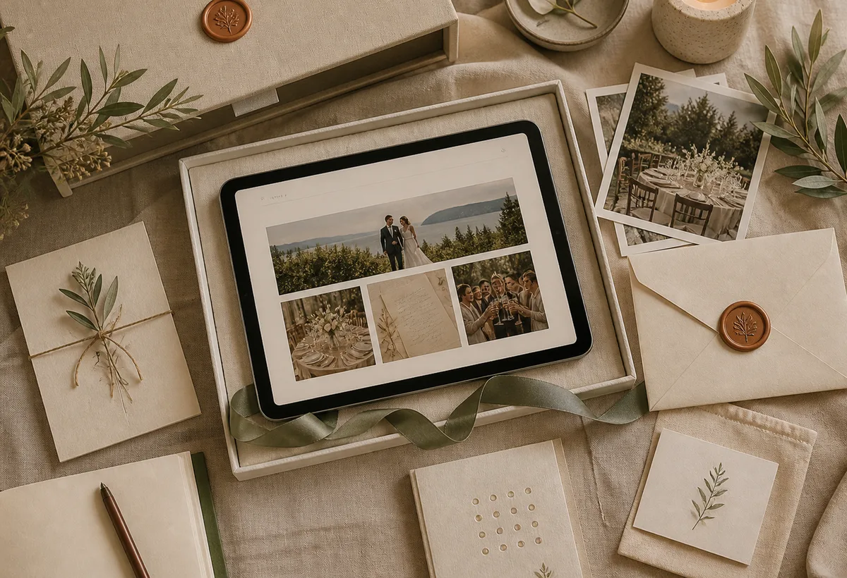 Coffret mémoire numérique réunissant album, lettres et souvenirs de mariage sur tablette