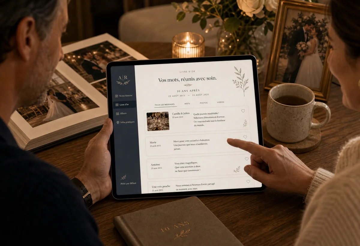 Livre d'or numérique consulté des années plus tard sur le site de mariage